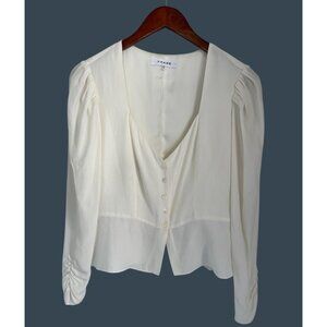 Frame Shirred Peplum 100% Silk Top Button-Down Blouse W/ Pleated Sleeves XS
